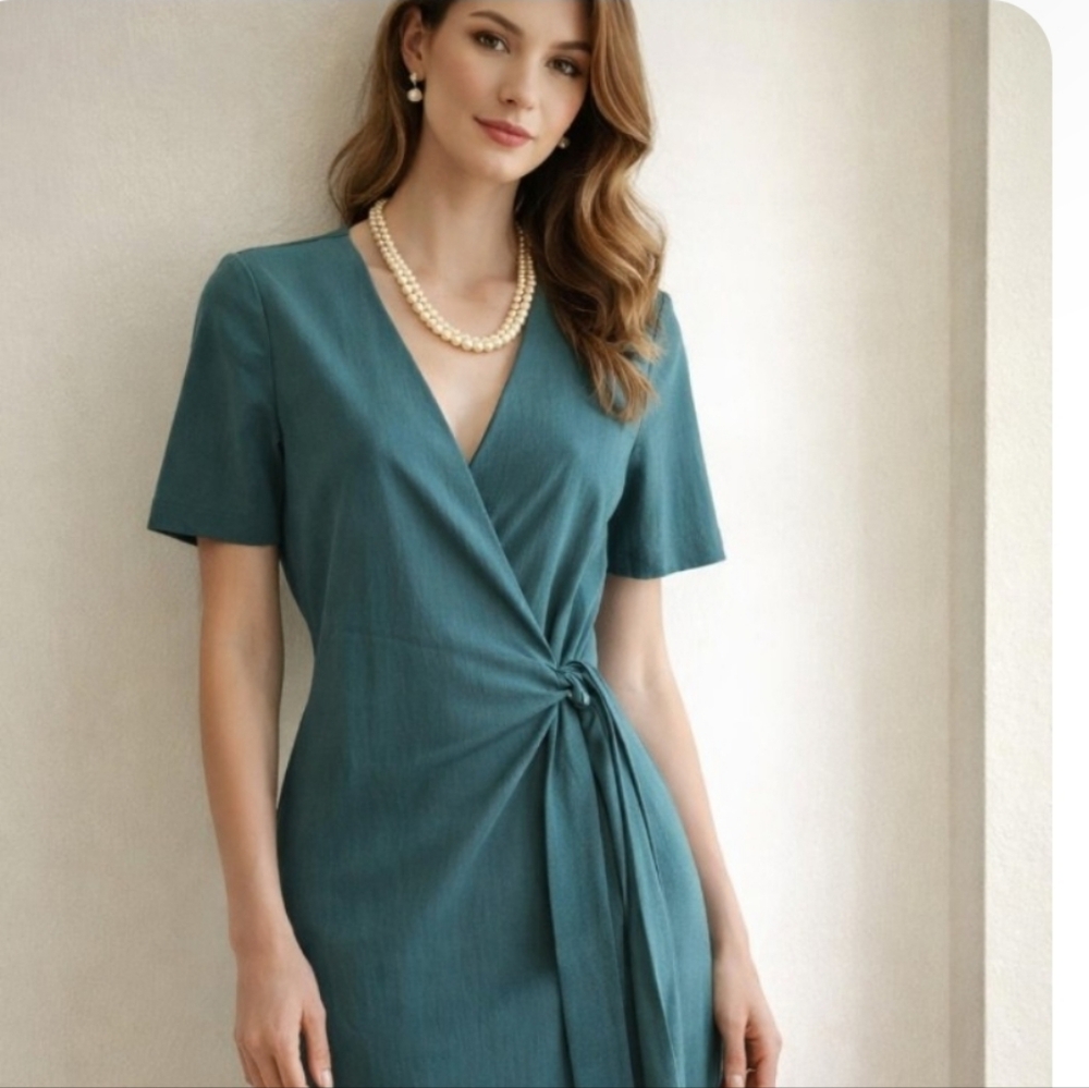 Yaya | Teal Tie Waist Wrap Midi Dress NWT
